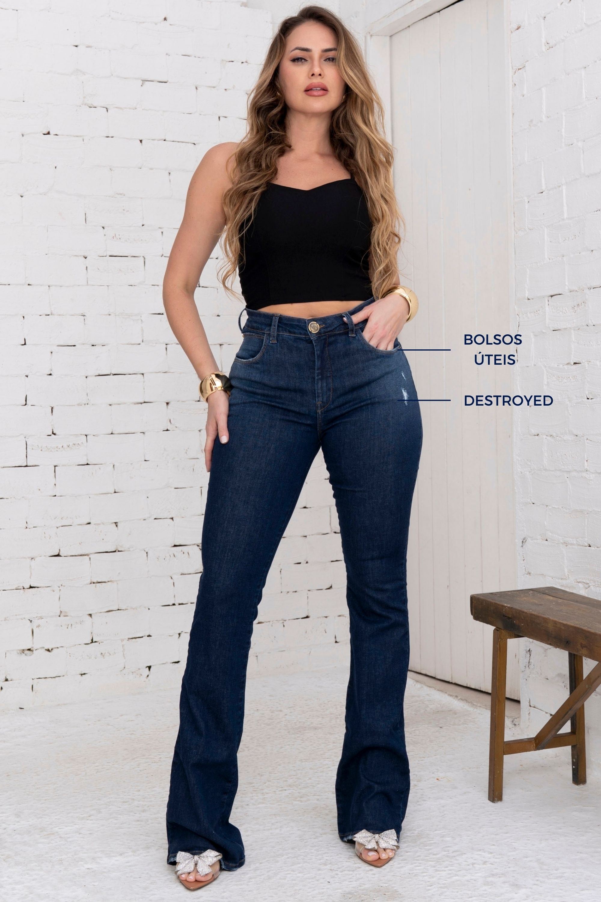 Alta Rasgadinha Feminina Rasgada Cala Jeans Cintura Alta Com Lycra - Main Image