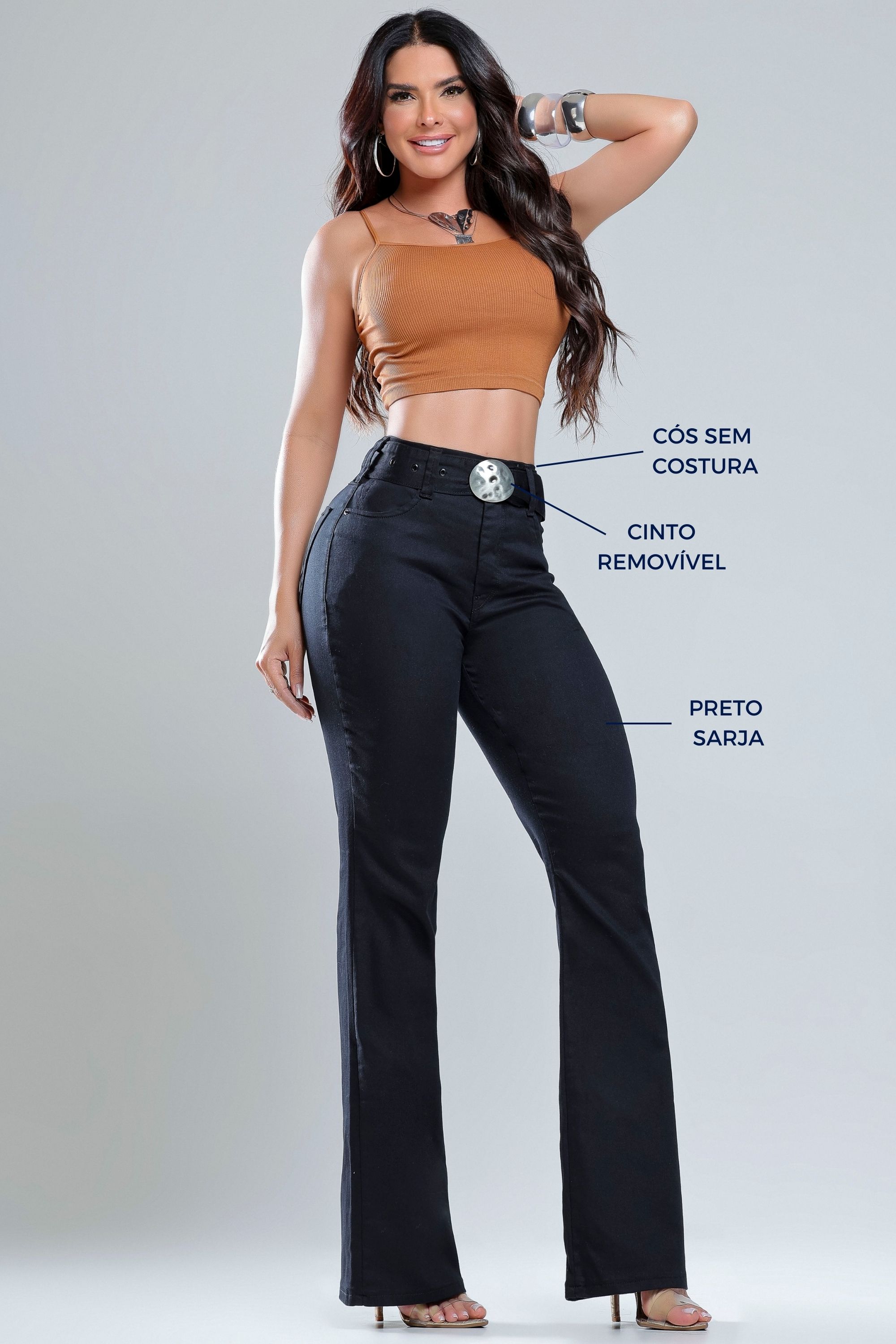 Calça Flare Feminina Cintura Alta Sarja Preta com Cinto – Elegante